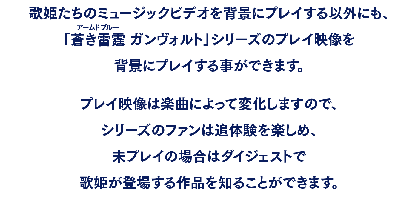 歌姫たちのミュージックビデオを背景にプレイする以外にも、「蒼き雷霆（アームドブルー） ガンヴォルト」シリーズのプレイ映像を背景にプレイする事ができます。