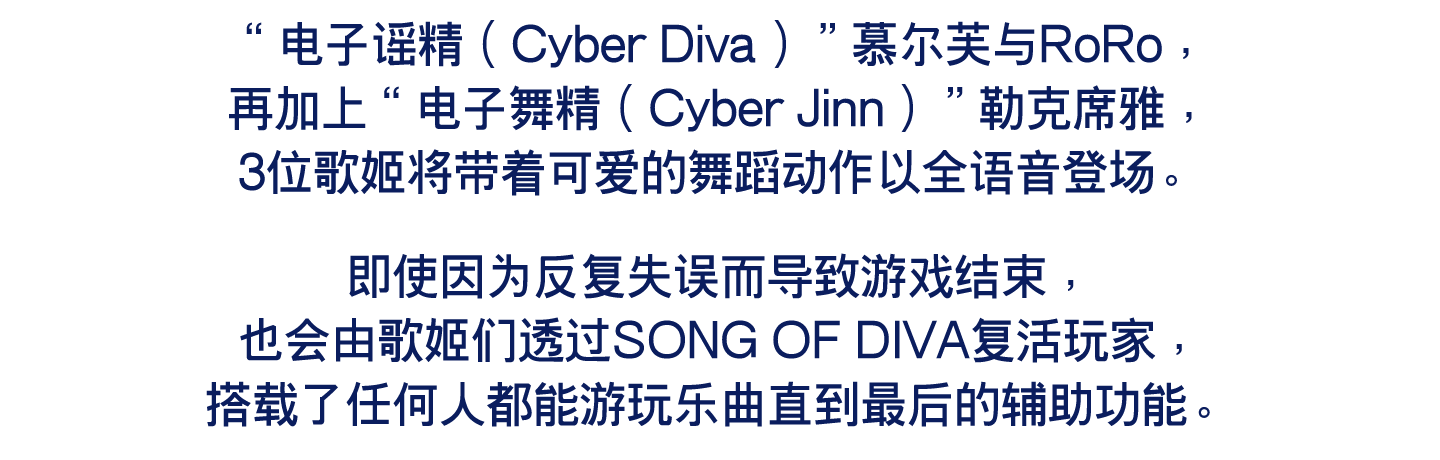 “电子谣精（Cyber Diva）”慕尔芙与RoRo，再加上“电子舞精（Cyber Jinn）”勒克席雅，3位歌姬将带着可爱的舞蹈动作以全语音登场。
