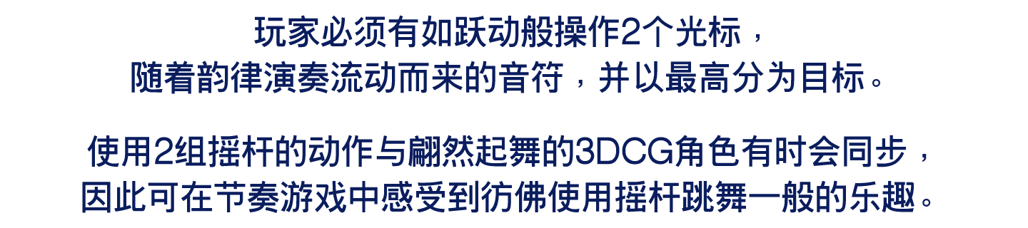 玩家必须有如跃动般操作2个光标，随着韵律演奏流动而来的音符，并以最高分为目标。