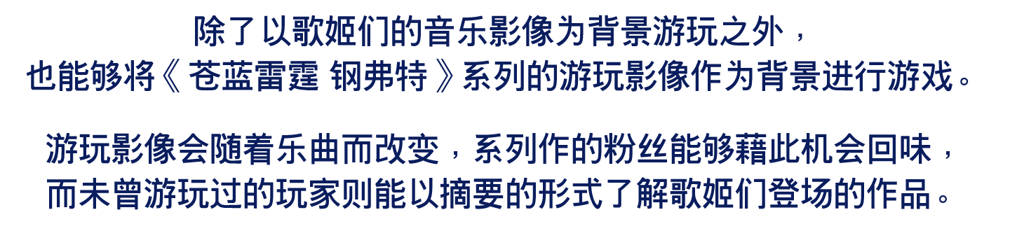 除了以歌姬们的音乐影像为背景游玩之外，也能够将《苍蓝雷霆 钢弗特》系列的游玩影像作为背景进行游戏。