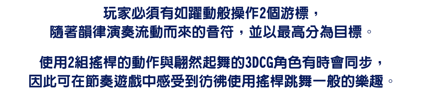 玩家必須有如躍動般操作2個游標，隨著韻律演奏流動而來的音符，並以最高分為目標。