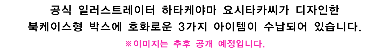 공식 일러스트레이터 하타케야마 요시타카씨가 디자인한 북케이스형 박스에 호화로운 3가지 아이템이 수납되어 있습니다.
※이미지는 추후 공개 예정입니다.